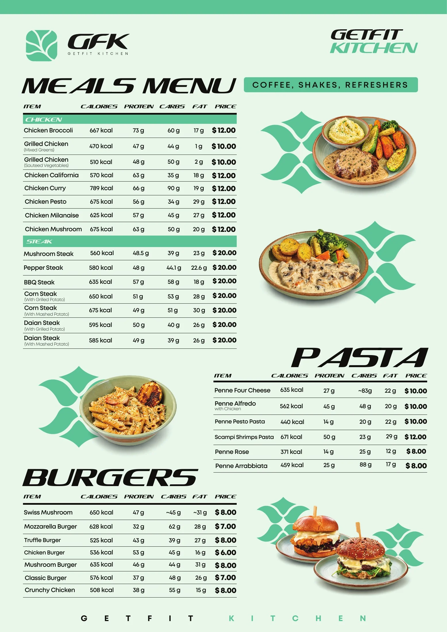 Meals, pasta and burgers menu