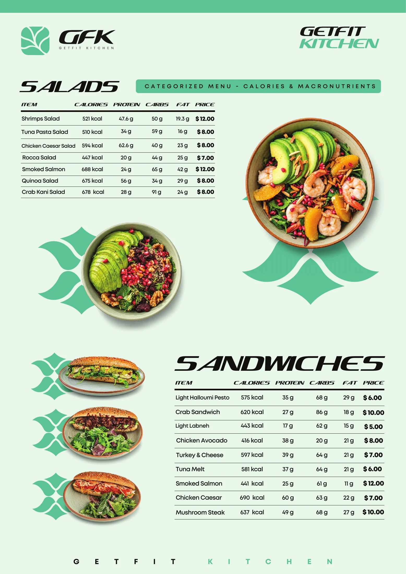 Salads and sandwiches menu